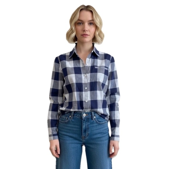 Lafayette 148 Blue Check Long Sleeve Button Down Shirt Sz S Cotton Linen $698 - Picture 1 of 16